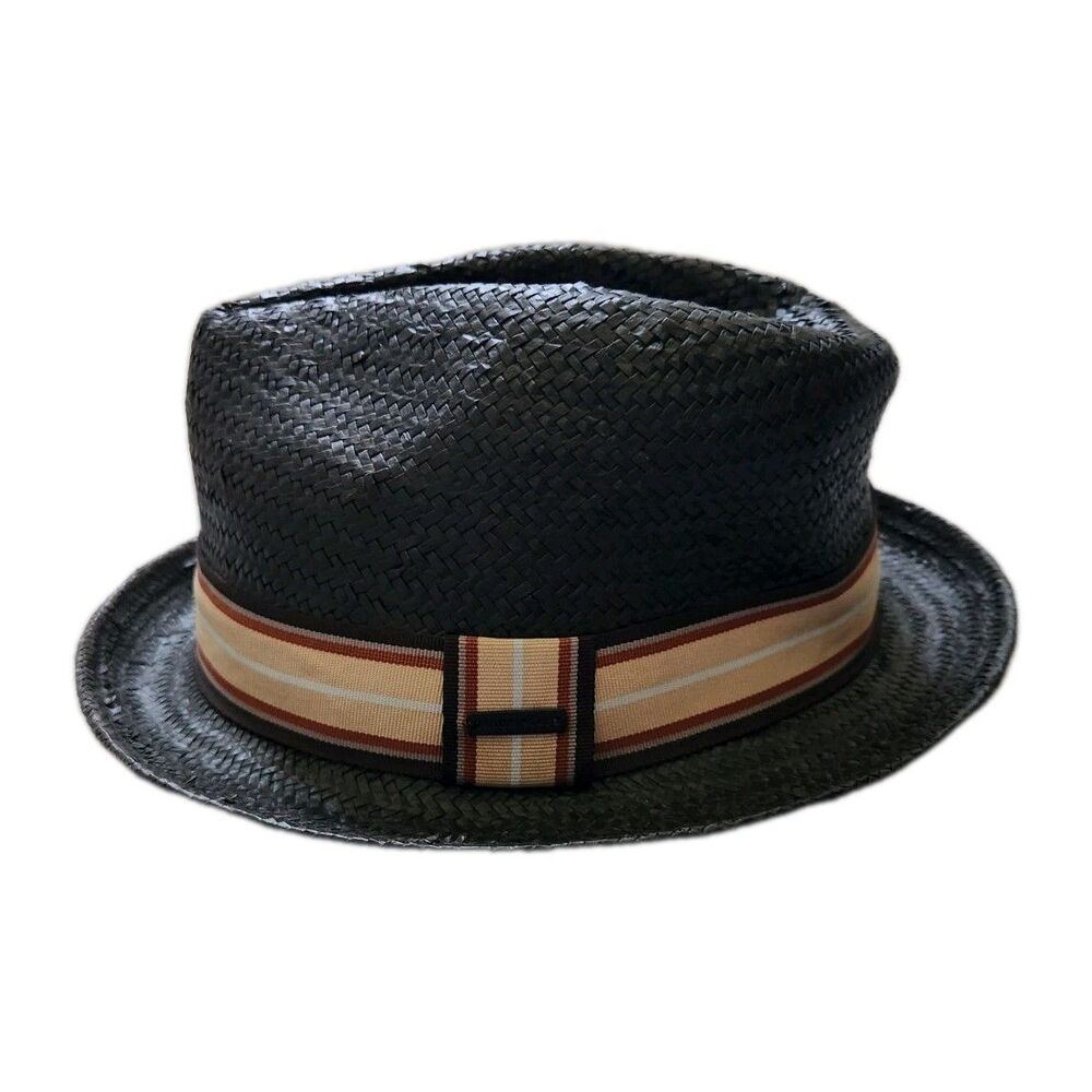 Kooringal Straw Fedora Hat Black Woven Paper Blend Stripe Band One Size 59cm GUC
